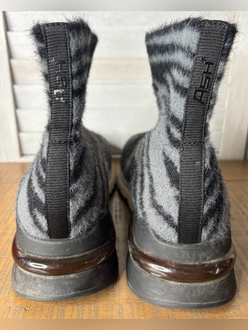ASH Links Tiger Stripe Knit Sock Sneaker Boots Black Grey High Top Size 38 US 7.
